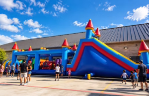 Full Obstacle Course featuring a colorful inflatable castle and slide at an outdoor community event.