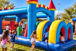 Obstacle Course with children playing on an inflatable course outdoors.