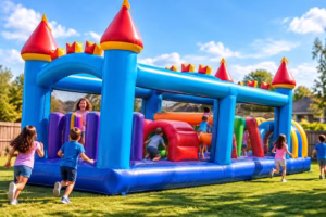 Obstacle Course with children running through a colorful inflatable castle at an outdoor event.