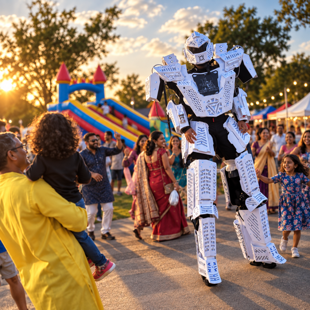 Futuristic white robot performer entertaining a crowd at an outdoor festival with families dancing and smiling, colorful inflatable slide in the background, and warm sunset lighting creating a cinematic event atmosphere.
