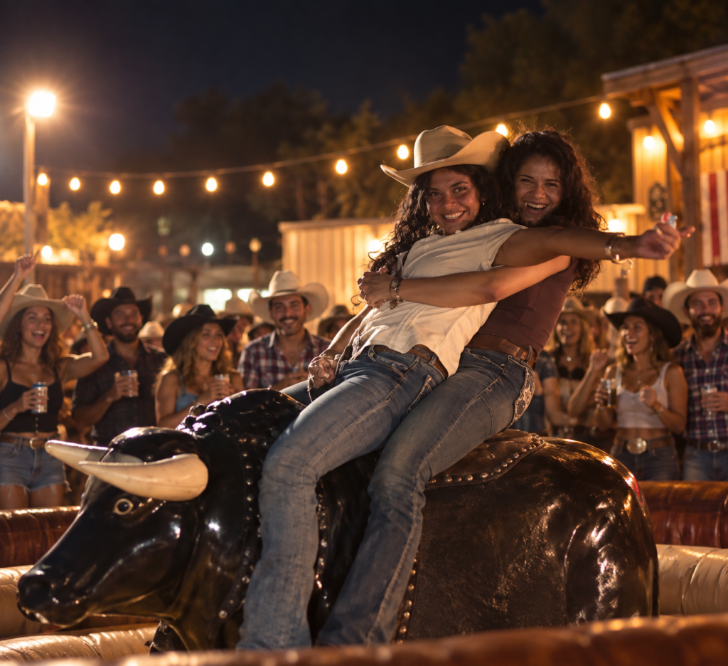 Two guests wearing cowboy hats riding a mechanical bull at a nighttime western-themed event, surrounded by a cheering crowd, warm string lights, and a festive country party atmosphere.