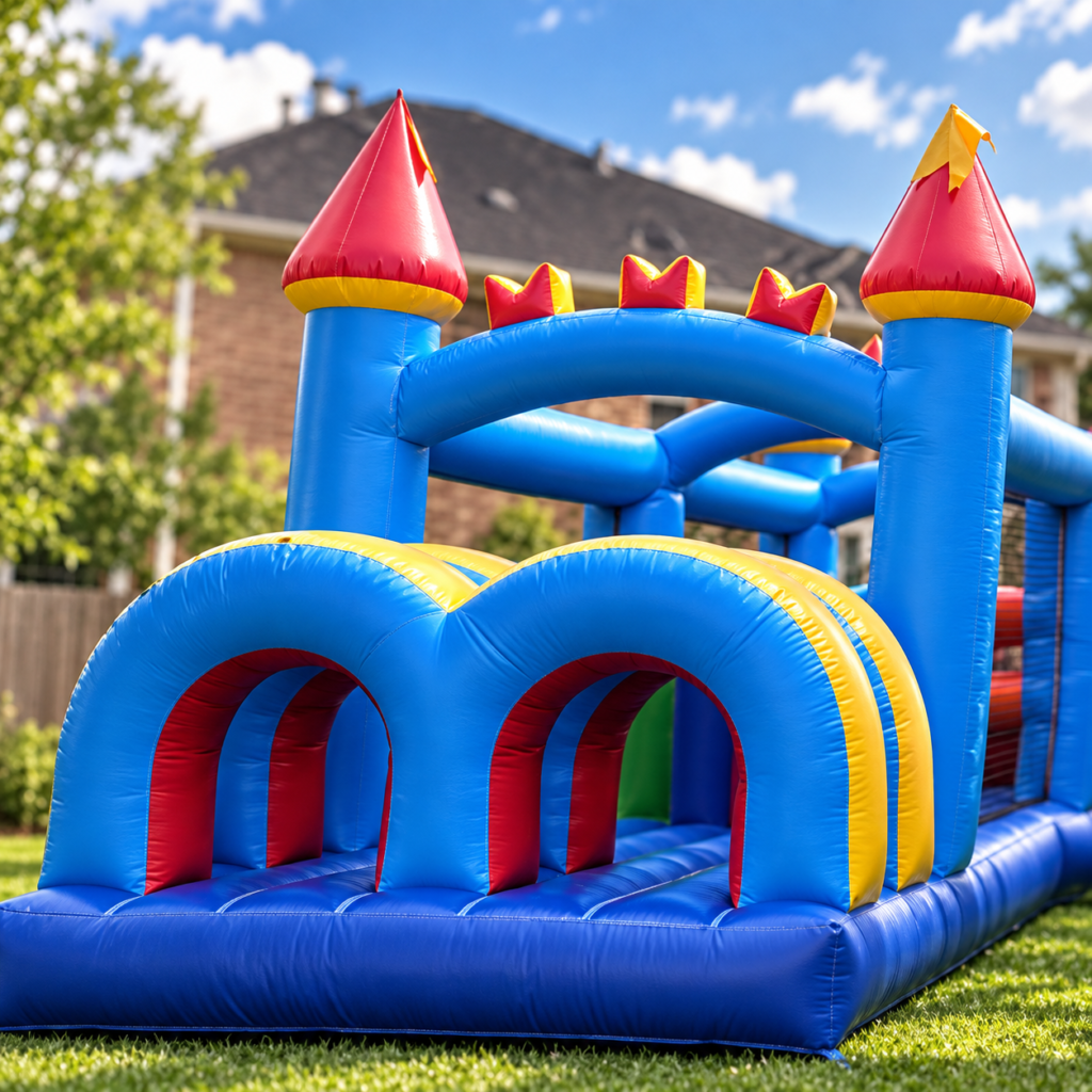 Blue, red, and yellow inflatable obstacle course with castle-style towers and tunnels set up on a grassy lawn outdoors, designed as a fun attraction for children at parties and family events.