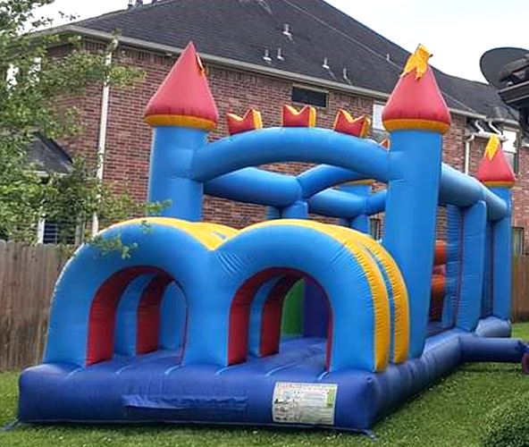 Blue and yellow inflatable obstacle course for kids and family events