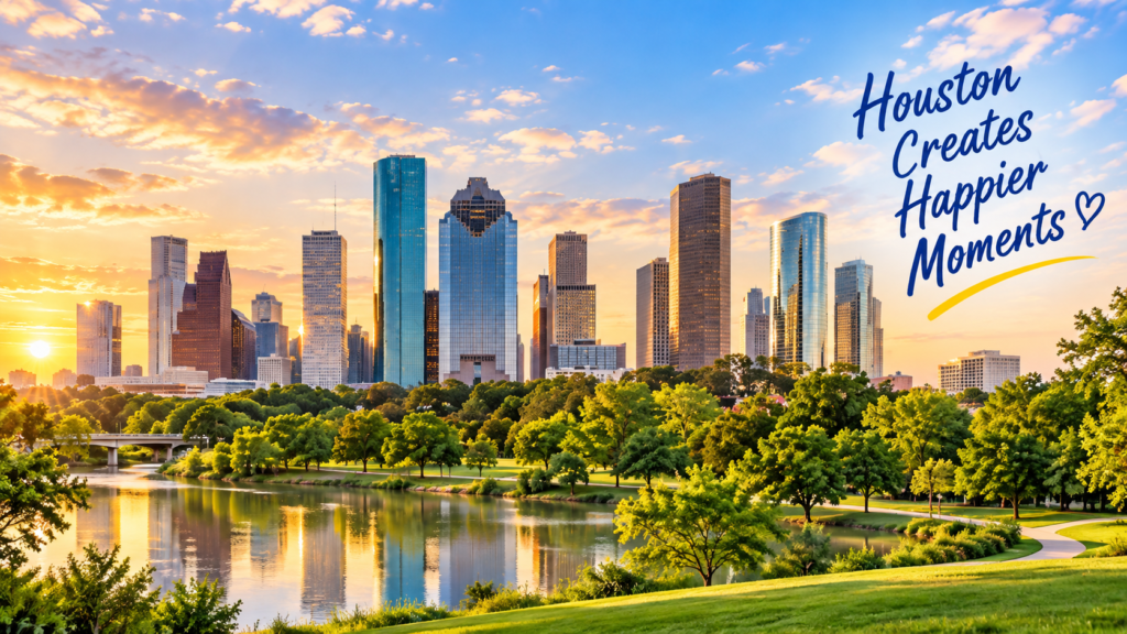 Houston skyline at sunset with green park and water, featuring the text “Houston Creates Happier Moments.”