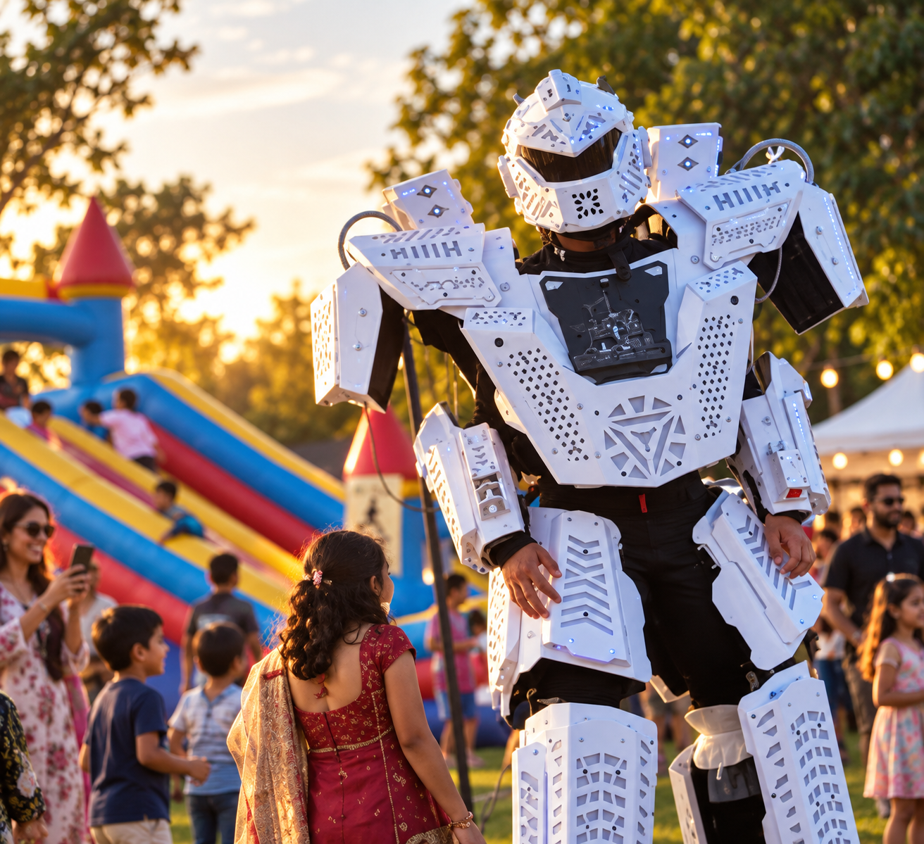 Futuristic white robot performer entertaining children and families at an outdoor carnival, with a colorful inflatable slide in the background, guests taking photos, and a lively event atmosphere during golden hour.
