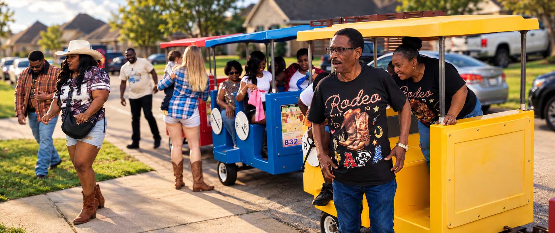 Family and friends enjoying a colorful trackless train ride during a community event, with adults gathered around yellow, blue, and red train cars on a sunny residential street, creating a fun and festive outdoor atmosphere.