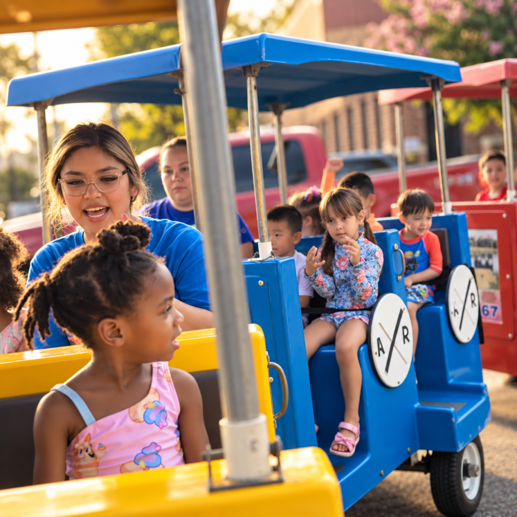 Children enjoying a colorful trackless train ride outdoors, accompanied by an attendant, with blue, yellow and red train cars in a family-friendly setting.